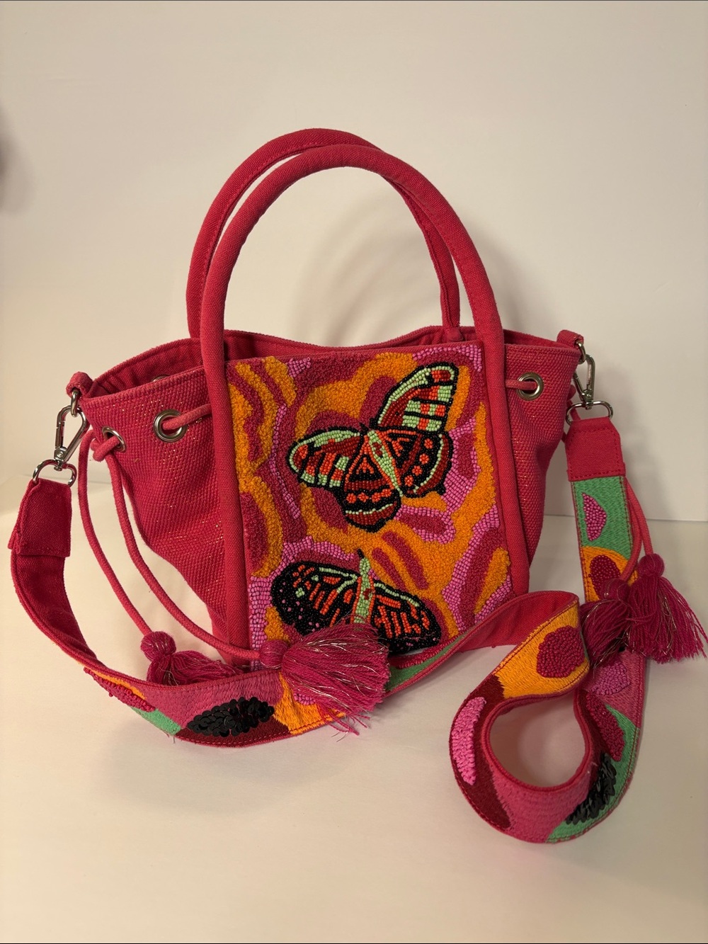 America & Beyond Butterfly Embroidered Mini Tote with Decorative Strap